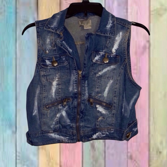 Miss Lili Jackets & Blazers - Miss Lili Blue Distressed Customized Splattered Paint Jean Vest Jacket
